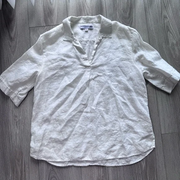 Uniqlo White Linen V-Neck Short Sleeve Top - Picture 1 of 7